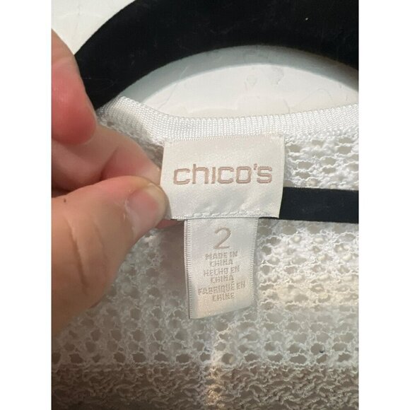 Chico's Sz 2 (US L 12) Open Front Knit Cardigan Beige White Stripe Sequin Detail - Picture 3 of 7